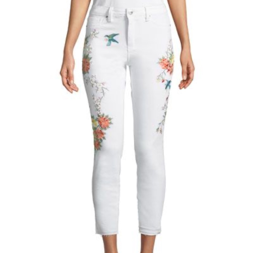 White Floral Embroidered Slim Crop Jeans